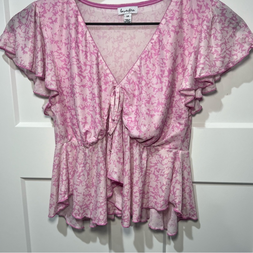 love, Fire Pink Floral Blouse Size Small with Ruffle